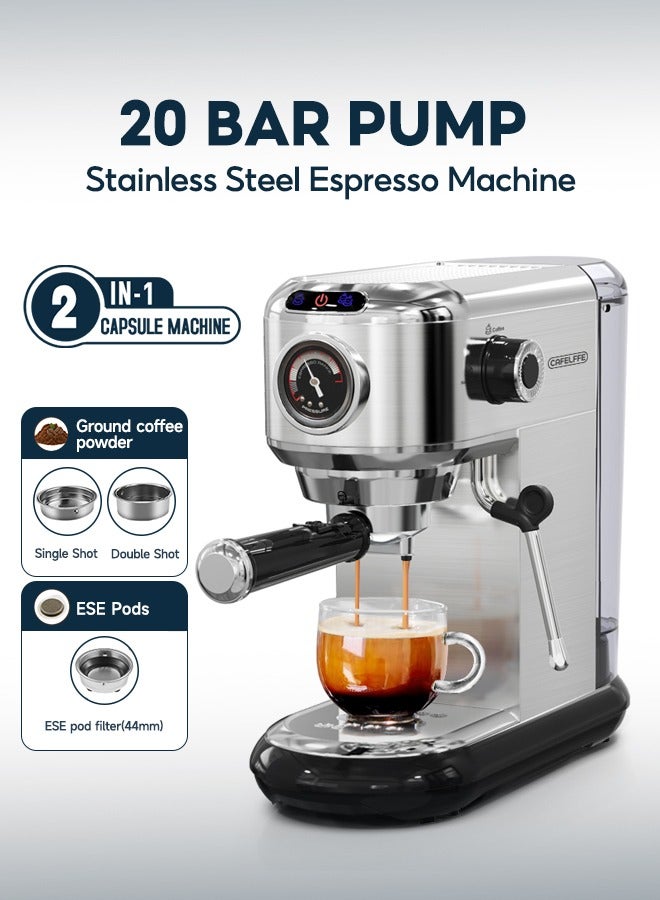 كافلف ماكينة تحضير قهوة الإسبريسو مع مقياس ضغط احترافي وجهاز إزباد الحليب 1450 واط 1.1 لتر فضي - Image 1
