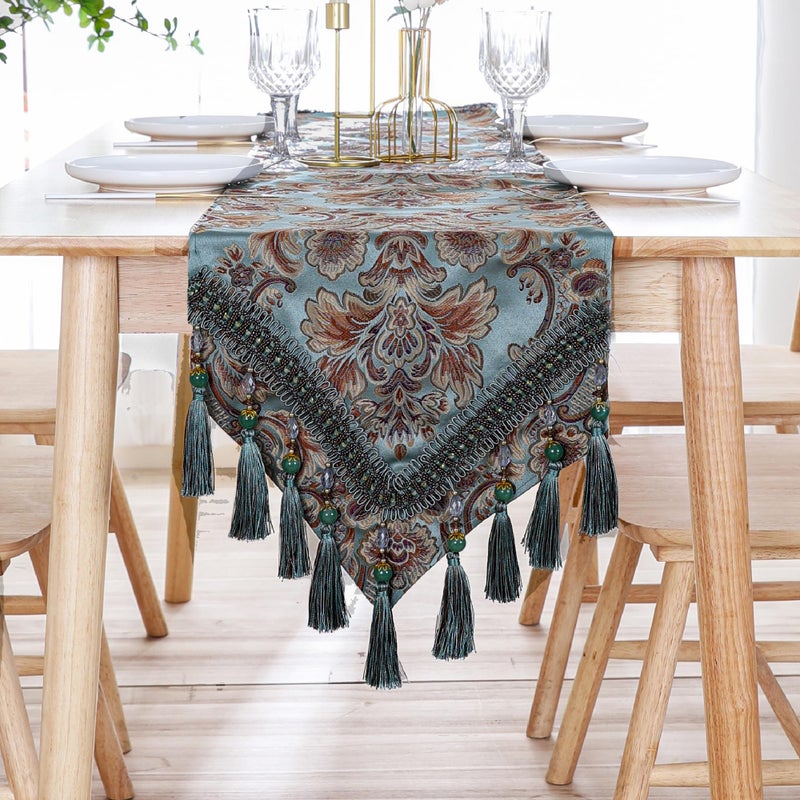 Fhberni Luxury Vintage Table Runner Embroidery Jacquard Fabric with Multi-Tassels Table Runners for Dining Room Dresser Wedding Holiday Party Fireplace Decorations-Blue, 13x90 inch - Image 1