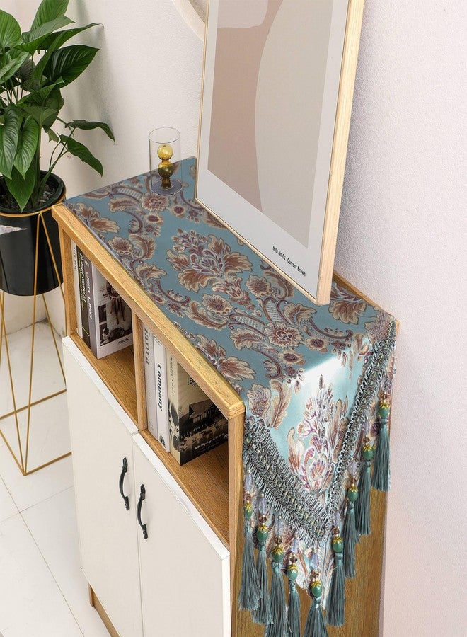 Fhberni Luxury Vintage Table Runner Embroidery Jacquard Fabric with Multi-Tassels Table Runners for Dining Room Dresser Wedding Holiday Party Fireplace Decorations-Blue, 13x90 inch - Image 2