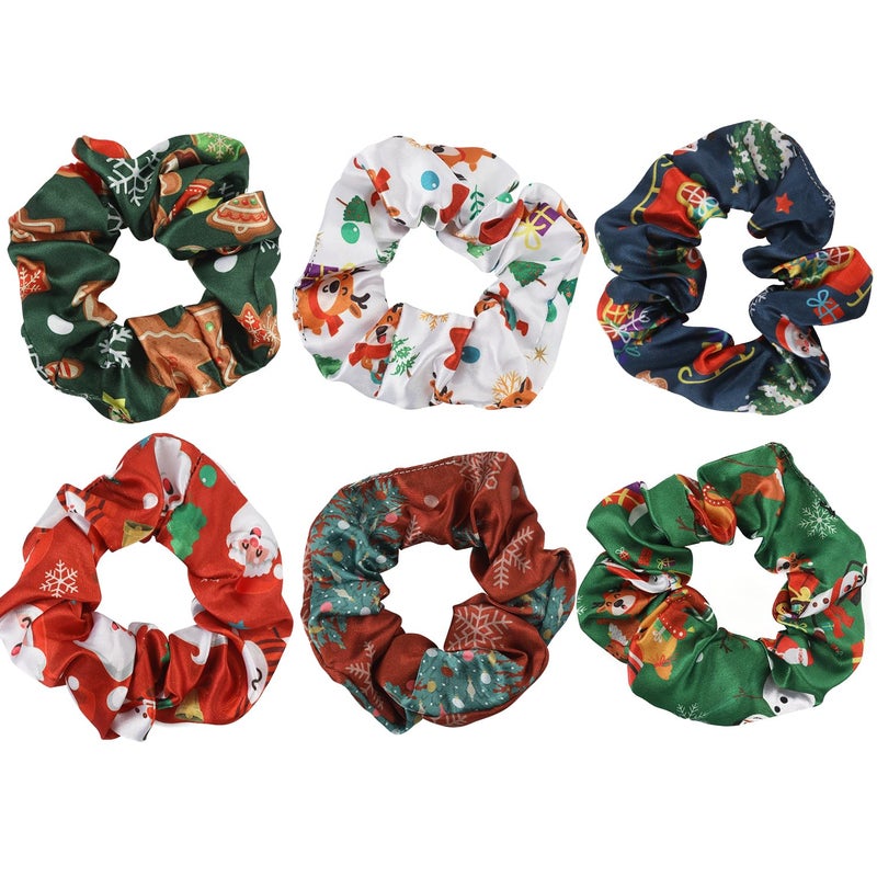 6pcs Christmas Scrunchies Soft Christmas Elastic Hair Bands Snowflake Santa Claus Elk Hair Ties Hair Accessories for Girls Women Ponytails Christmas Gifts
