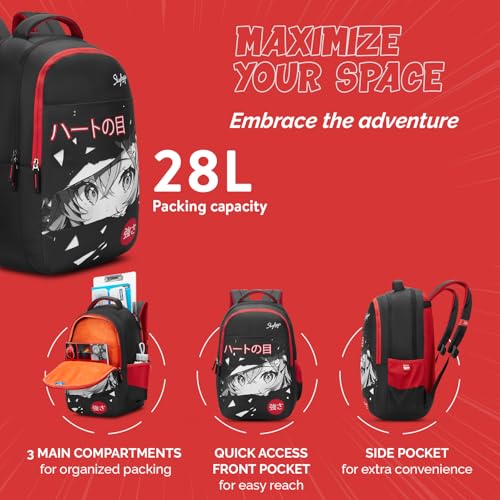 Skybags Kyro 03 Peekaboo 28 Liters Premium Polyester Fabric School Backpack for Kids with Multiple Compartments and Adjustable Strap - Boys & Girls (Red & Black) - Image 4