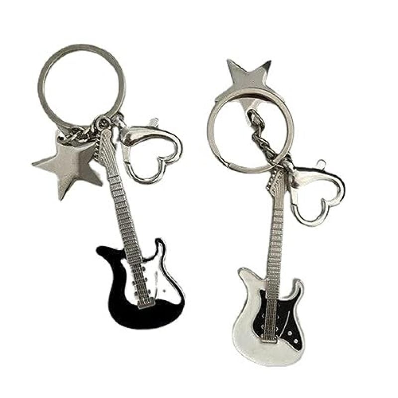 Guitar Keychain 2-Pack Metal Alloy Construction - Punk Star Design Electric Bass Keychain for Music Lovers Musicians Daily Carry - Image 1
