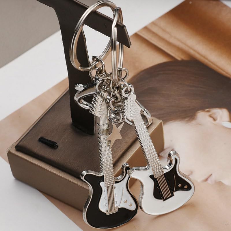 Guitar Keychain 2-Pack Metal Alloy Construction - Punk Star Design Electric Bass Keychain for Music Lovers Musicians Daily Carry - Image 3