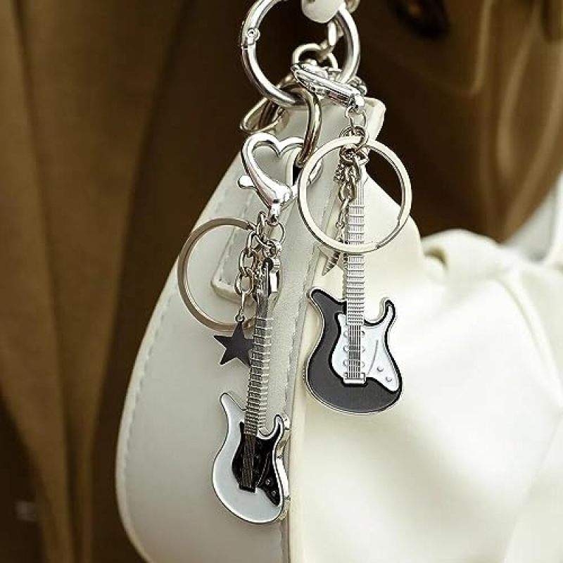 Guitar Keychain 2-Pack Metal Alloy Construction - Punk Star Design Electric Bass Keychain for Music Lovers Musicians Daily Carry - Image 2