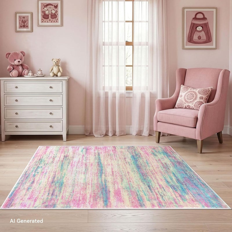 KOZYFLY Modern Abstract Pink 3x5 Area Rug Washable Girls Kids Bedroom Rug Throw Entry Mat Non-Slip Carpet Dining Room Rug with Soft Low Pile for Living Room Kitchen Bath Office - Image 3