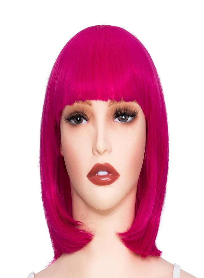 روز باد باروكة شعر مستعار قصير مستقيم باللون الوردي الساخن مع هامش بطول 12 بوصة للنساء لحفلات التنكر والهالوين - Image 3