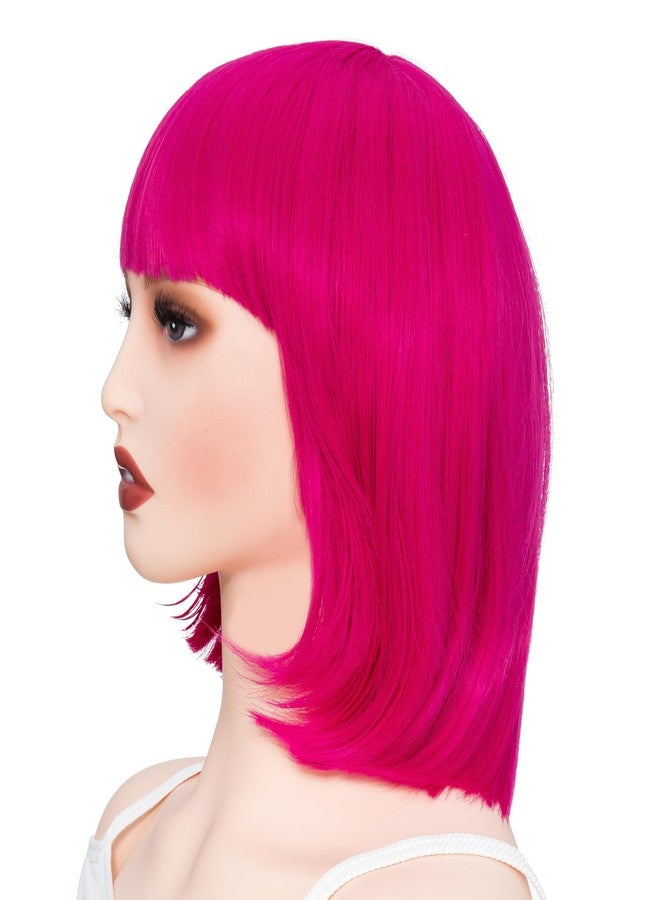 روز باد باروكة شعر مستعار قصير مستقيم باللون الوردي الساخن مع هامش بطول 12 بوصة للنساء لحفلات التنكر والهالوين - Image 2