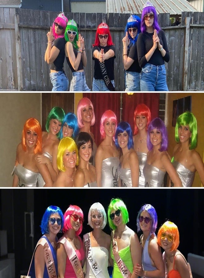 روز باد باروكة شعر مستعار قصير مستقيم باللون الوردي الساخن مع هامش بطول 12 بوصة للنساء لحفلات التنكر والهالوين - Image 5