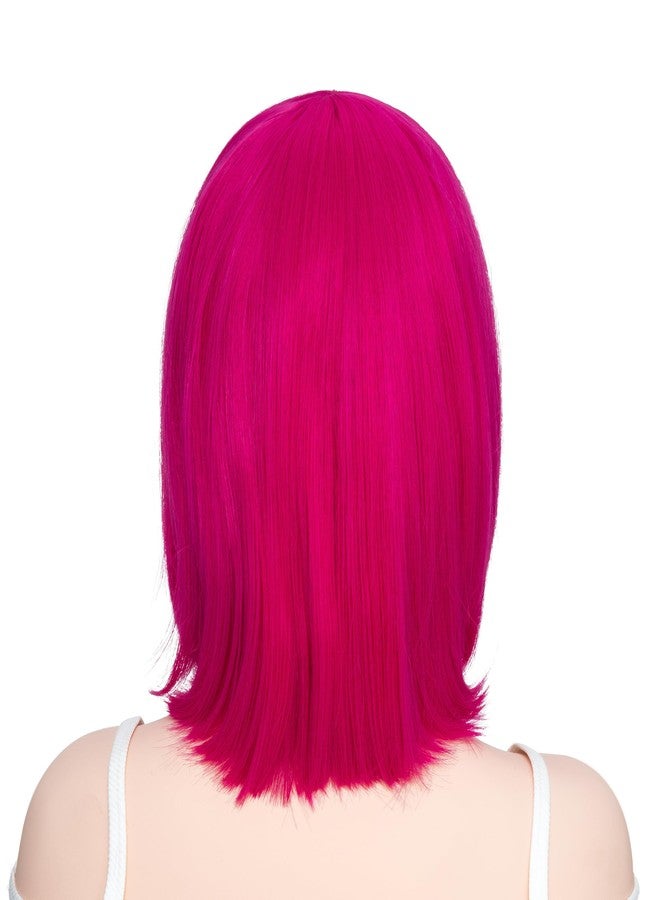 روز باد باروكة شعر مستعار قصير مستقيم باللون الوردي الساخن مع هامش بطول 12 بوصة للنساء لحفلات التنكر والهالوين - Image 4