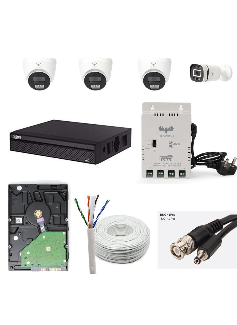 JK Vision JK Vision 24MP ColorVu CCTV Camera System for Home Office School 1 Bullet 3 Dome 500 GB Hard Disk 4 Channel Power Supply DVR 90Mtr Cable BNCDC 