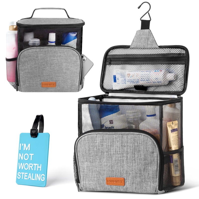 Hiverst Hiverst Hanging Toiletry Bag Shower Caddy Tote Bag Updated Version Full Size Bottle Compatible Bath Organizer for College Dorms Gym Camp Women Men with Funny Luggage Tag