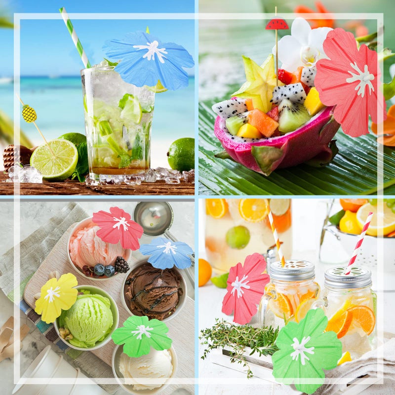 Newtay 160 Pieces Umbrella Cocktail Pick for Drinks Hibiscus Fruit Sticks Colorful Straws Parasol Cocktail for Luau Hawaiian Tropical Summer Beach Pool Wedding Party Decor - Image 2