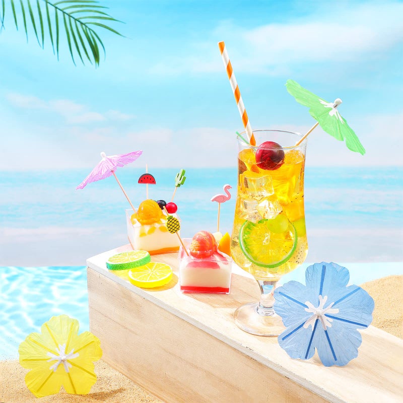 Newtay 160 Pieces Umbrella Cocktail Pick for Drinks Hibiscus Fruit Sticks Colorful Straws Parasol Cocktail for Luau Hawaiian Tropical Summer Beach Pool Wedding Party Decor - Image 4
