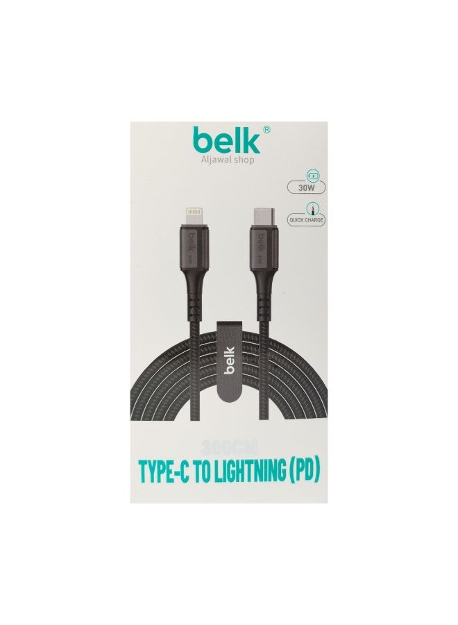 بيلك كابل BELK 30 واط من Type-C إلى Lightning بطول 3 أمتار، كابل شحن سريع ومزامنة بيانات بتقنية PD، مصنوع من النايلون المتين المضفر، سلك نحاسي عالي الجودة، متوافق مع أجهزة iPhone وiPad وiPod، شحن سريع، تصميم خالٍ من التشابك - BL-56 - Image 1