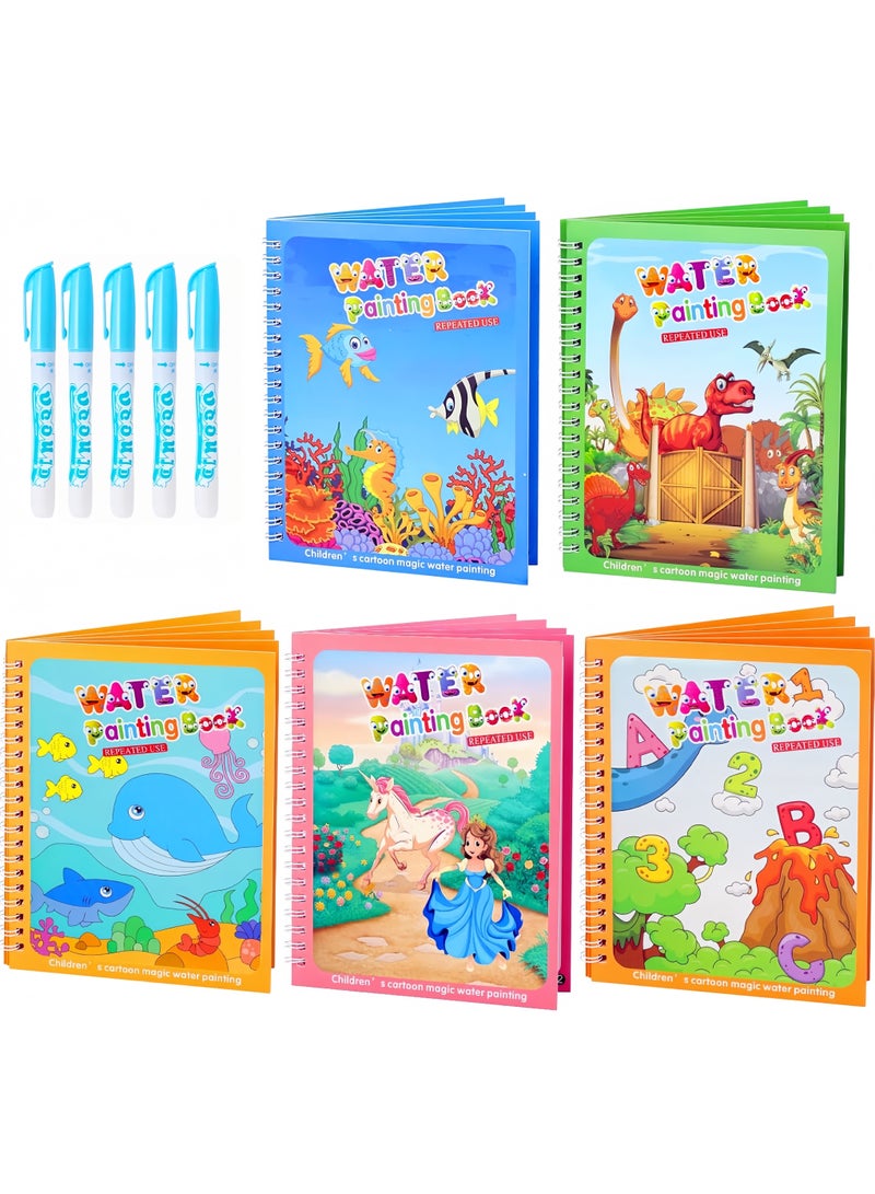 5 Pack Reusable Water Coloring Book for Toddlers, Water Doodle Book Toys, Paint with Water Books,Mess-Free Coloring Book, Portable Educational Doodle Drawing Toy, Educational Learning Kits Gifts  - Image 1