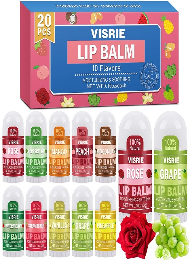 VISRIE Mini Lip Balm 20 Pack, Natural Lip Balms Bulk with Vitamin E and Coconut Oil, Moisturizing Lip Balm for Dry Cracked lips - 10 Flavors - Image 1