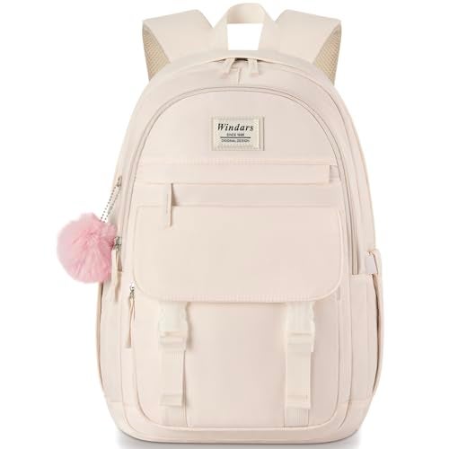 WINDARS School Backpack for Teen Girls, Cute College Backpacks for Women Students Aesthetic Bookbag Large 15.6 Inch Laptop Bag Middle School Travel Back Pack (Beige) - Image 1