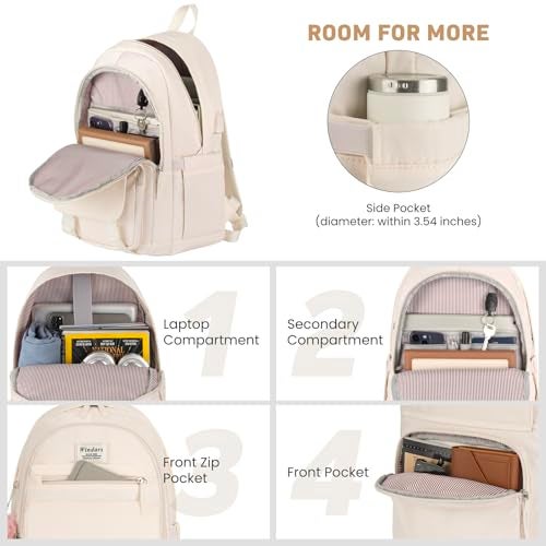 WINDARS School Backpack for Teen Girls, Cute College Backpacks for Women Students Aesthetic Bookbag Large 15.6 Inch Laptop Bag Middle School Travel Back Pack (Beige) - Image 2