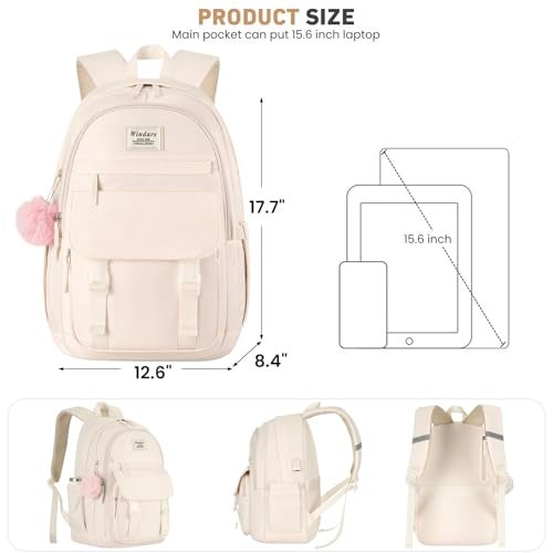 WINDARS School Backpack for Teen Girls, Cute College Backpacks for Women Students Aesthetic Bookbag Large 15.6 Inch Laptop Bag Middle School Travel Back Pack (Beige) - Image 3
