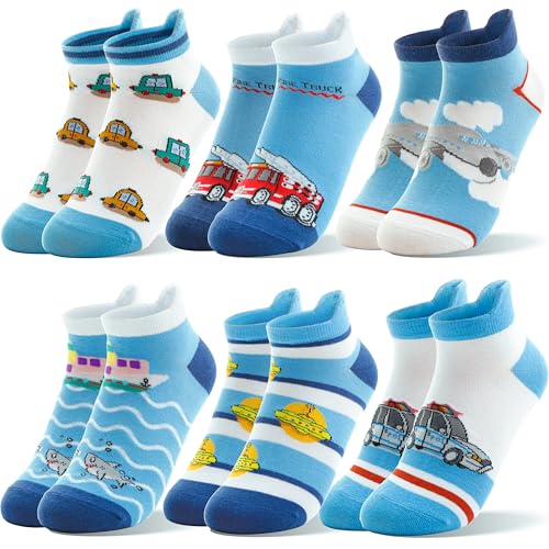 Welwoos Kids Boys Ankle Socks No Show Low Cut Funny Cute Cartoon Novelty Cotton Socks 6 Pairs Gifts Stocking Stuffers for Boys Kids(Blue Car,5-8 Y) - Image 1