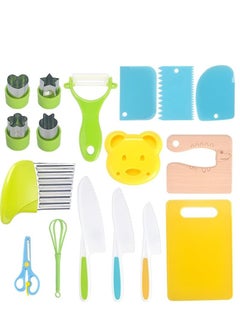 Safe Wooden Kids Kitchen Knife Set - 17 Pieces Montessori Toy with Serrated Edges, Crinkle Cutter, Y Peeler & Cutting Board for Toddlers