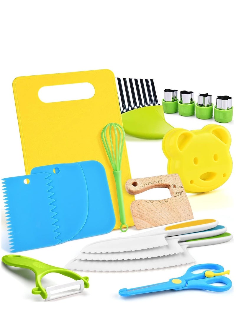 Generic - Safe Wooden Kids Kitchen Knife Set - 17 Pieces Montessori Toy with Serrated Edges, Crinkle Cutter, Y Peeler & Cutting Board for Toddlers - Image 1