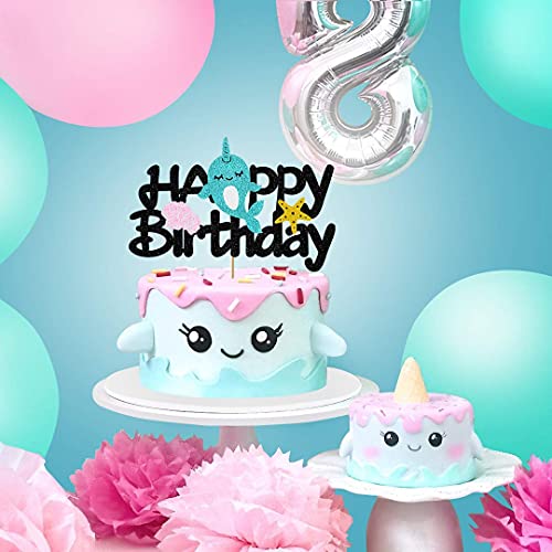 Festiko® Cake Decor for Narwhal Cake Topper Birthday, Glitter Happy Birthday Cake Topper for Kids Girl Narwhal Theme Birthday, Starfish Under The Sea Birthday Party Decor Decoration (6.7’’x4.33’’) - Image 4