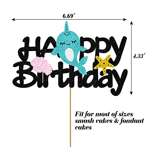 Festiko® Cake Decor for Narwhal Cake Topper Birthday, Glitter Happy Birthday Cake Topper for Kids Girl Narwhal Theme Birthday, Starfish Under The Sea Birthday Party Decor Decoration (6.7’’x4.33’’) - Image 2