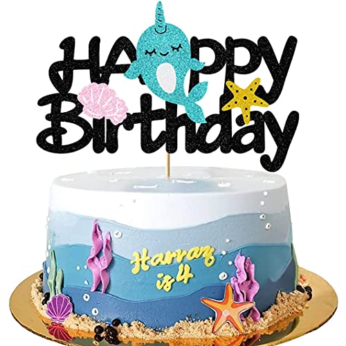 Festiko® Cake Decor for Narwhal Cake Topper Birthday, Glitter Happy Birthday Cake Topper for Kids Girl Narwhal Theme Birthday, Starfish Under The Sea Birthday Party Decor Decoration (6.7’’x4.33’’) - Image 1