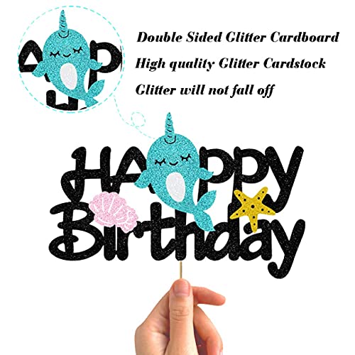 Festiko® Cake Decor for Narwhal Cake Topper Birthday, Glitter Happy Birthday Cake Topper for Kids Girl Narwhal Theme Birthday, Starfish Under The Sea Birthday Party Decor Decoration (6.7’’x4.33’’) - Image 3