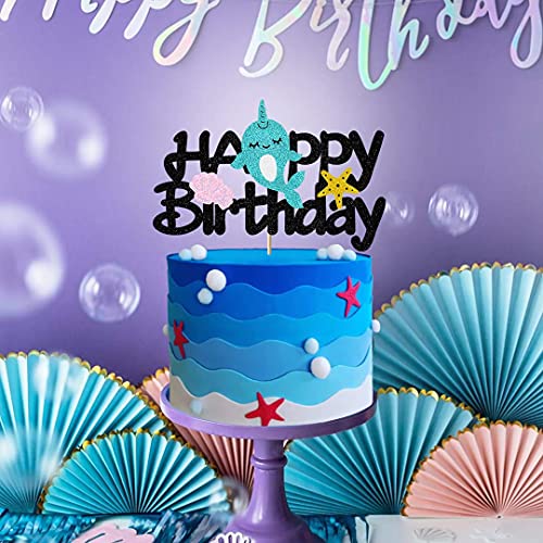 Festiko® Cake Decor for Narwhal Cake Topper Birthday, Glitter Happy Birthday Cake Topper for Kids Girl Narwhal Theme Birthday, Starfish Under The Sea Birthday Party Decor Decoration (6.7’’x4.33’’) - Image 5