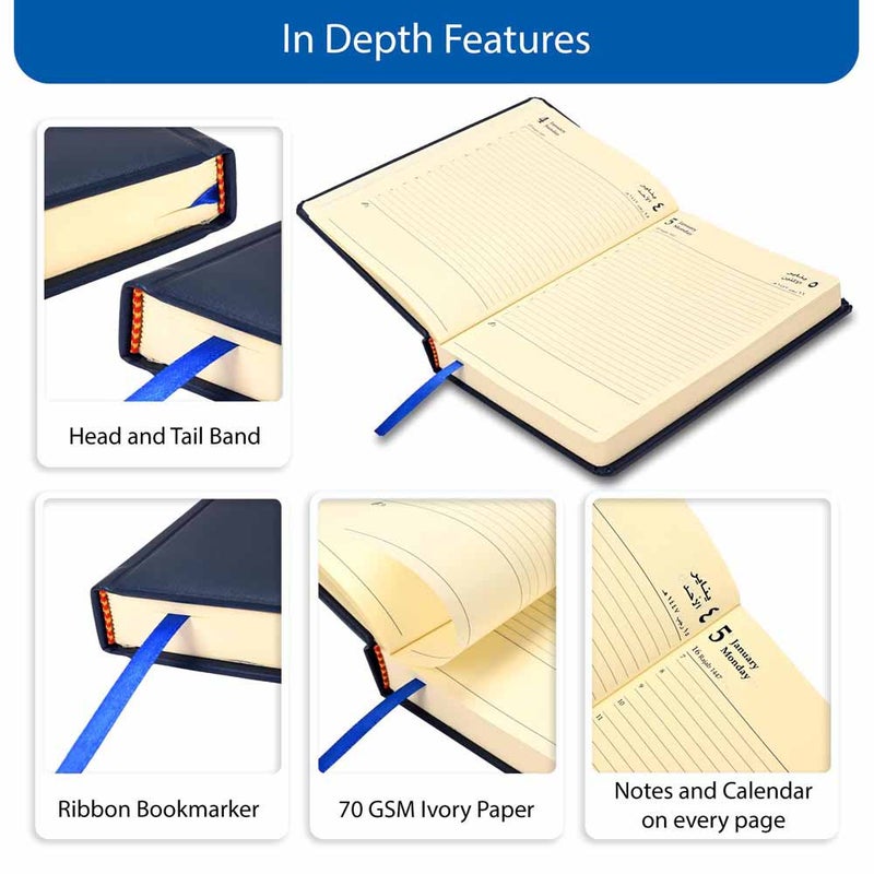 FIS 2026 A5 Diary, 148x210mm, 1 Side Padded Italian PU Cover Materials, Round Corners, 1 Day a Page Format, Arabic/English, 70gsm Italian Ivory Paper, Blue Cover-FSDI19AE26BL - Image 5