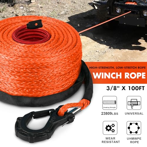 STEGODON Synthetic Winch Rope, 3/8" x100ft 23809LBS Dyneema Winch Rope 3/8 Heavy Duty Winch Cable with Protective Sleeve Forged Winch Hook for 4WD Off Road Vehicle Truck SUV (Orange) - Image 2