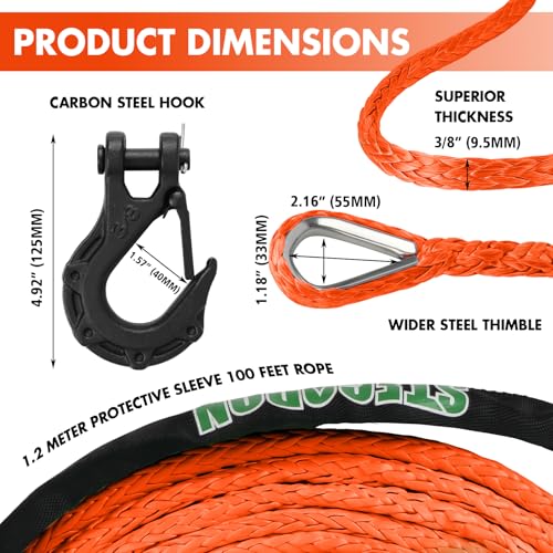 STEGODON Synthetic Winch Rope, 3/8" x100ft 23809LBS Dyneema Winch Rope 3/8 Heavy Duty Winch Cable with Protective Sleeve Forged Winch Hook for 4WD Off Road Vehicle Truck SUV (Orange) - Image 3