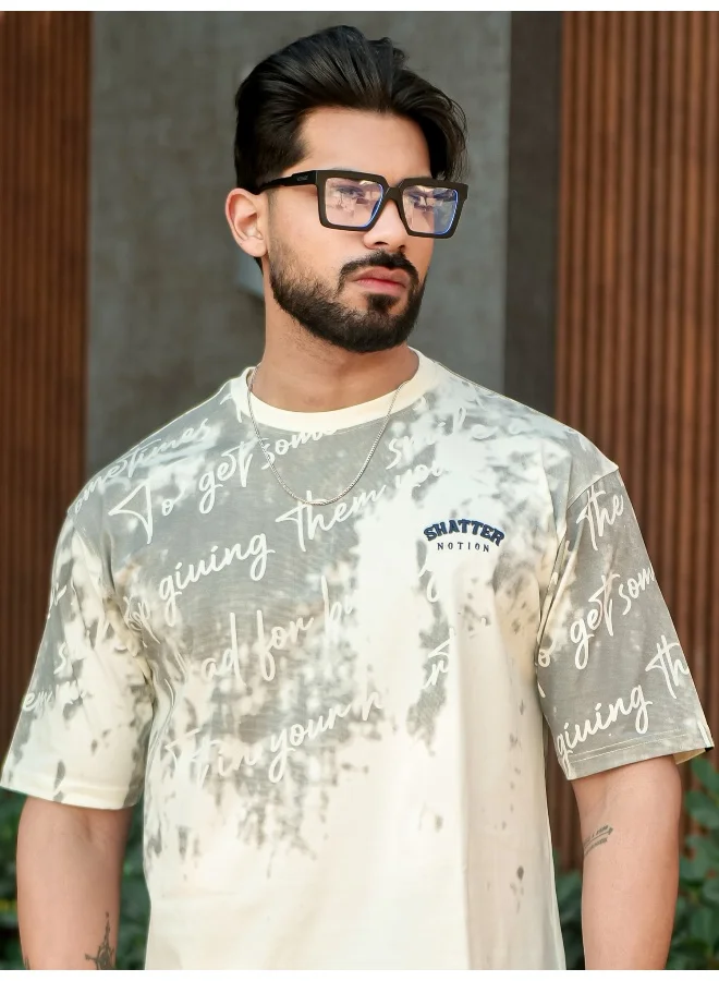 مانياك تيشيرت قطن رجالي بطبعة برقبة مستديرة وأكمام قصيرة بلون كريمي