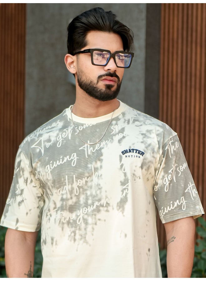 Maniac Mens Printed Round Neck Half Sleeve Cream Color Cotton T-Shirt - Image 1