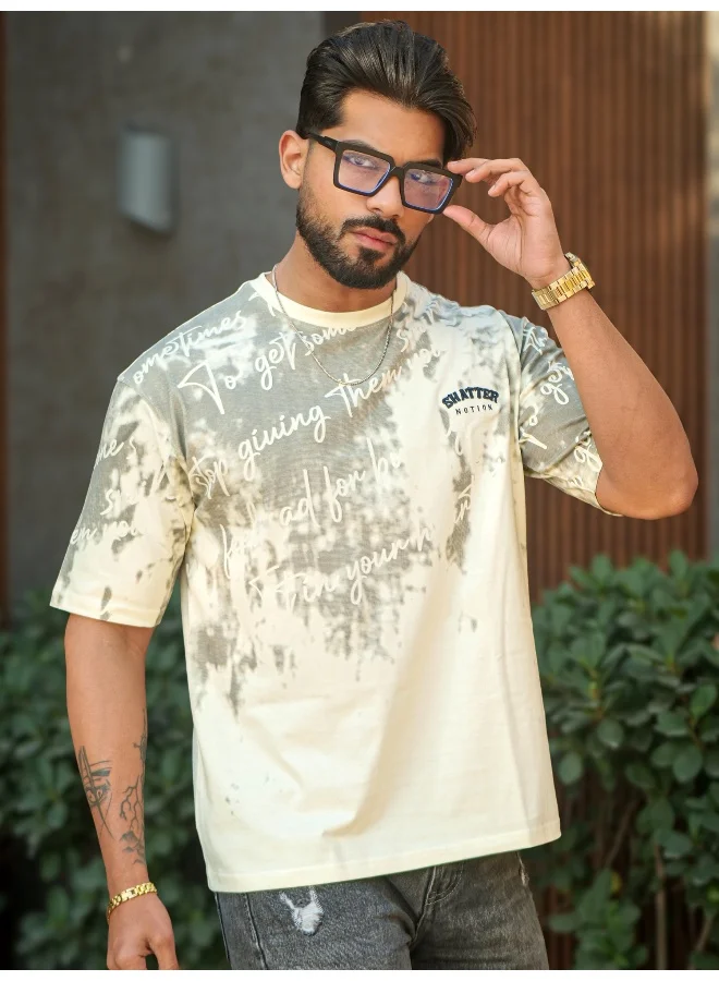 مانياك تيشيرت قطن رجالي بطبعة برقبة مستديرة وأكمام قصيرة بلون كريمي