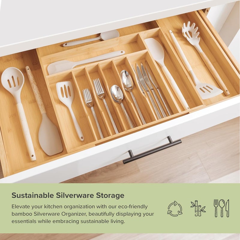 KitchenEdge Premium Silverware, Flatware and Utensil Organizer for Kitchen Drawers, Food-Safe Contract Grade, Expandable from 18 to 33 In, Natural Bamboo - Image 2