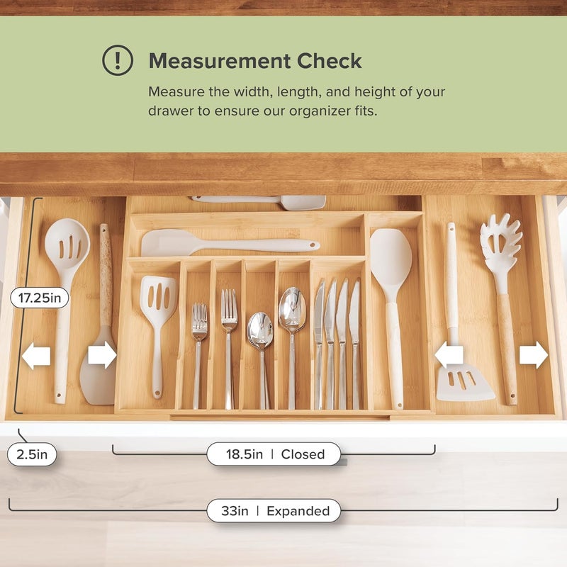 KitchenEdge Premium Silverware, Flatware and Utensil Organizer for Kitchen Drawers, Food-Safe Contract Grade, Expandable from 18 to 33 In, Natural Bamboo - Image 4