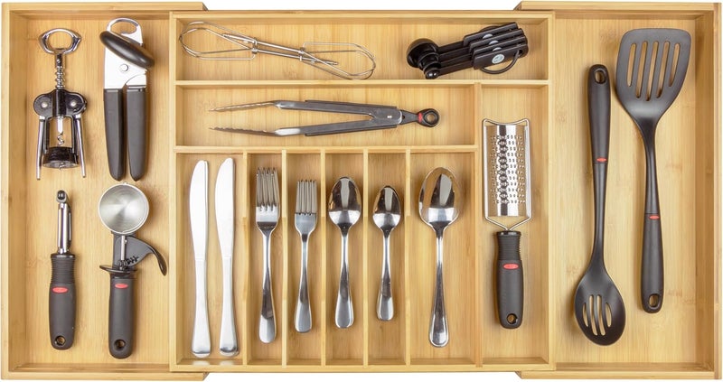 KitchenEdge Premium Silverware, Flatware and Utensil Organizer for Kitchen Drawers, Food-Safe Contract Grade, Expandable from 18 to 33 In, Natural Bamboo - Image 1