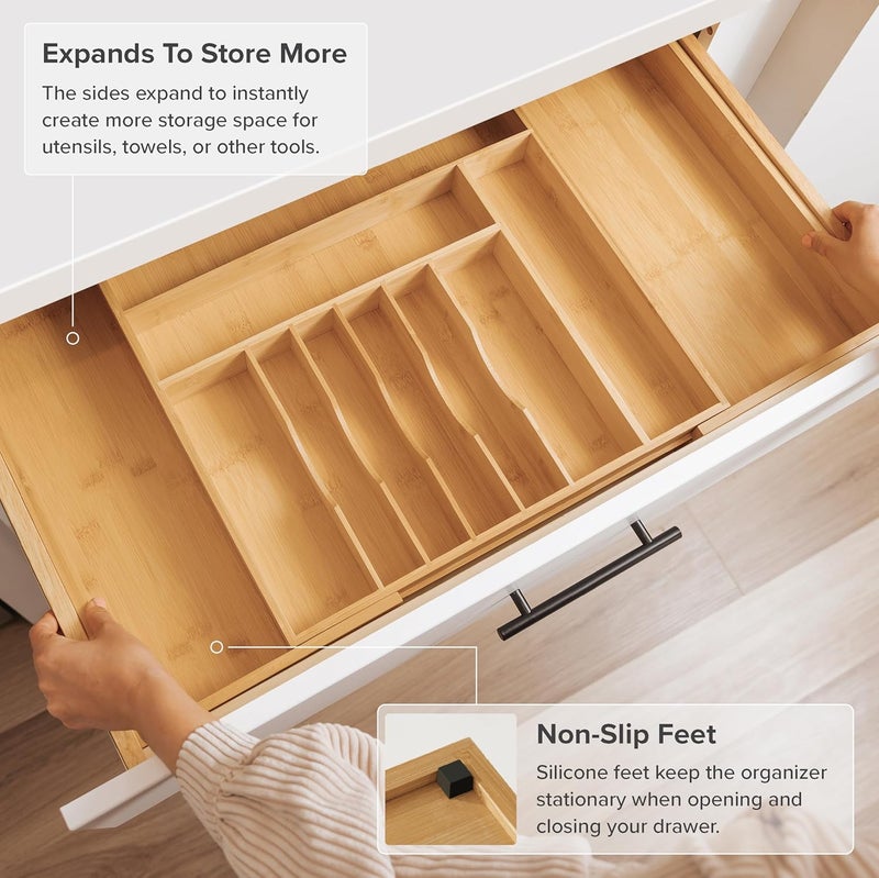 KitchenEdge Premium Silverware, Flatware and Utensil Organizer for Kitchen Drawers, Food-Safe Contract Grade, Expandable from 18 to 33 In, Natural Bamboo - Image 3
