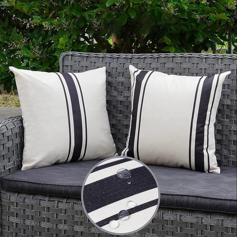 ONWAY Outdoor Pillow Covers Waterproof 18x18 Set of 2 Decorative Linen Throw Pillow Cover Beige and Black Striped Outdoor Pillows for Patio Furniture - Image 2