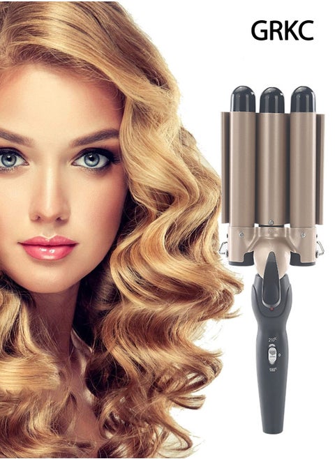 Negative Ion Hair Curler 25mm Triple Barrel Waver Iron, Professional Big Wave Curling Wand with Smart Constant Temperature, Fast Heating, Gold, Ideal for Long and Short Hair Styling