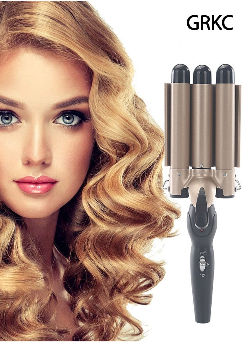 GRKC - Negative Ion Hair Curler 25mm Triple Barrel Waver Iron, Professional Big Wave Curling Wand with Smart Constant Temperature, Fast Heating, Gold, Ideal for Long and Short Hair Styling - Image 1