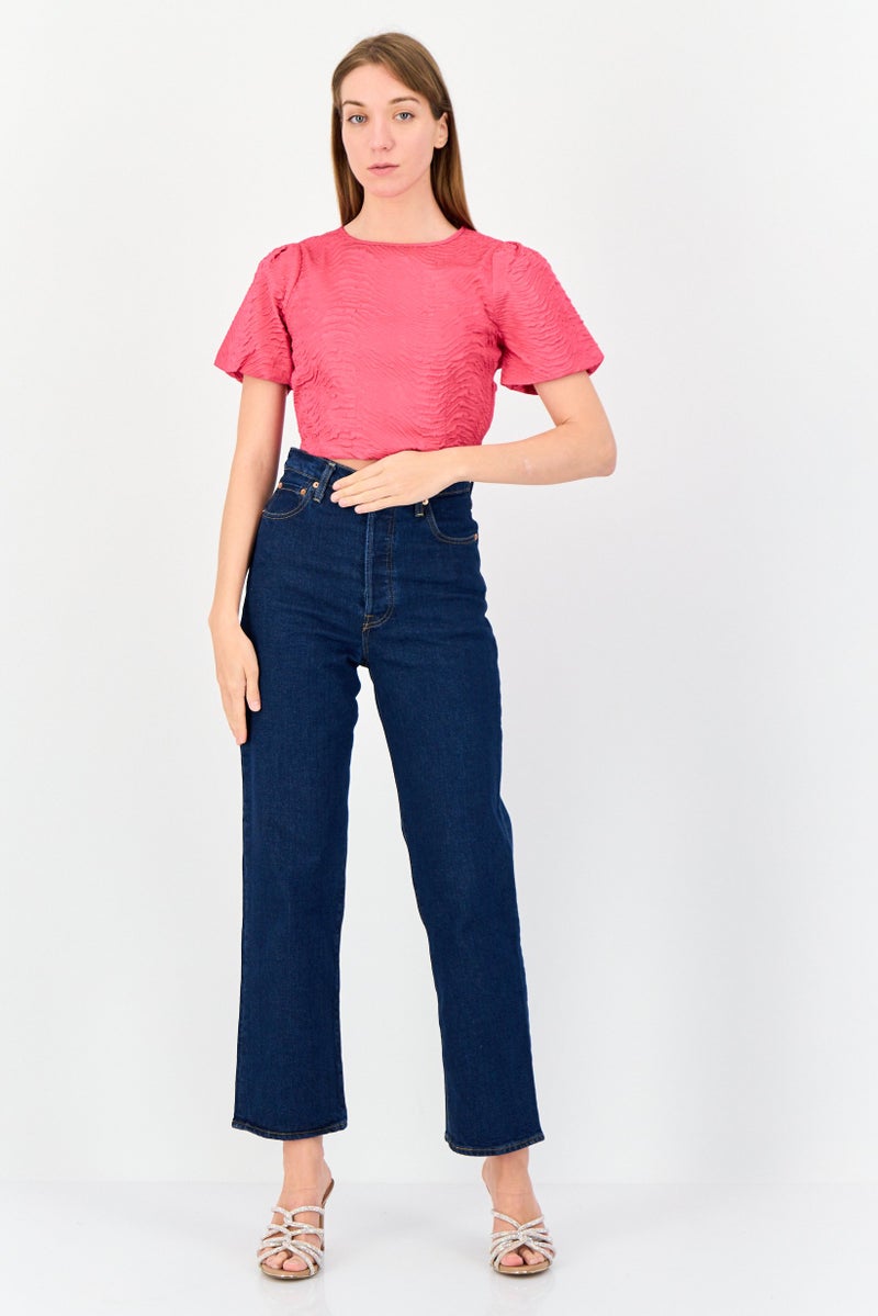 ONLY بلوزة قصيرة ذات ياقة دائرية للنساء بأكمام قصيرة، وردي داكن - Image 4