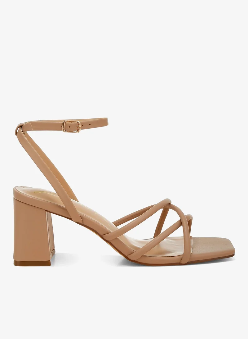 Low Block Heel Strappy Sandals in Beige