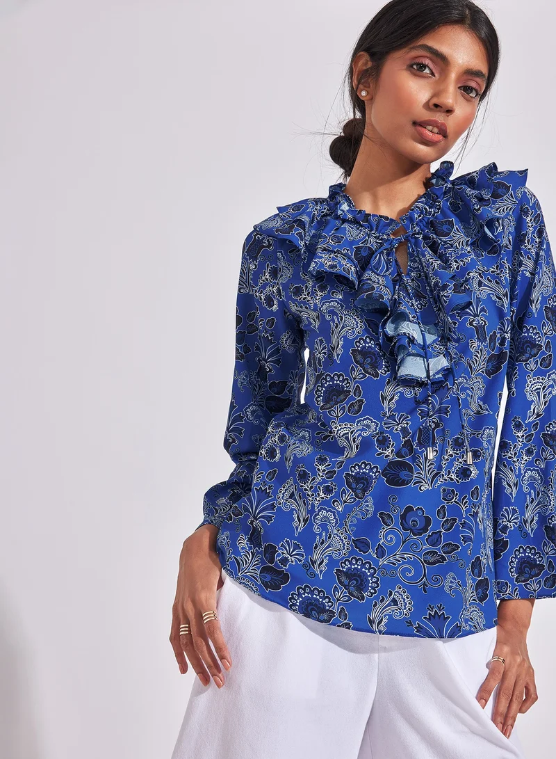The Label Life Lapis Floral Ruffle Neck Blouse