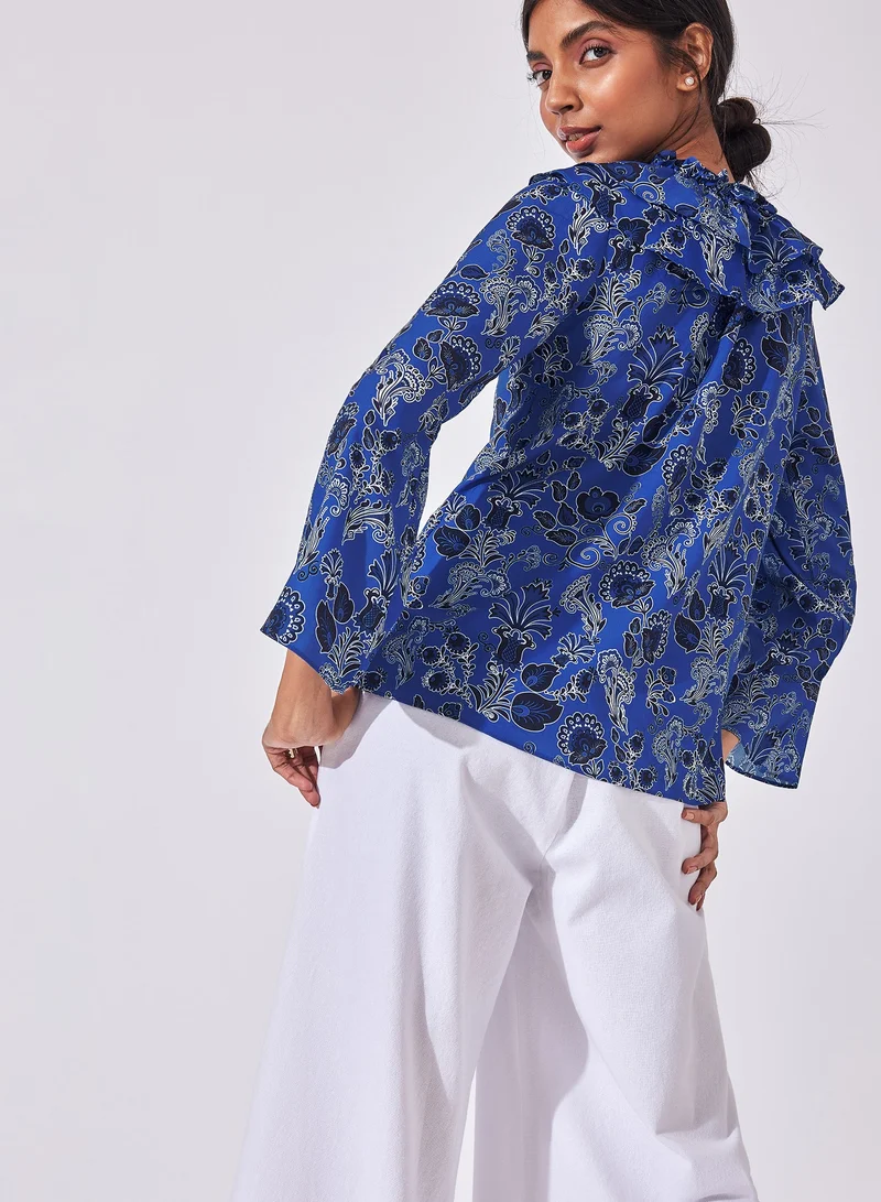 The Label Life Lapis Floral Ruffle Neck Blouse