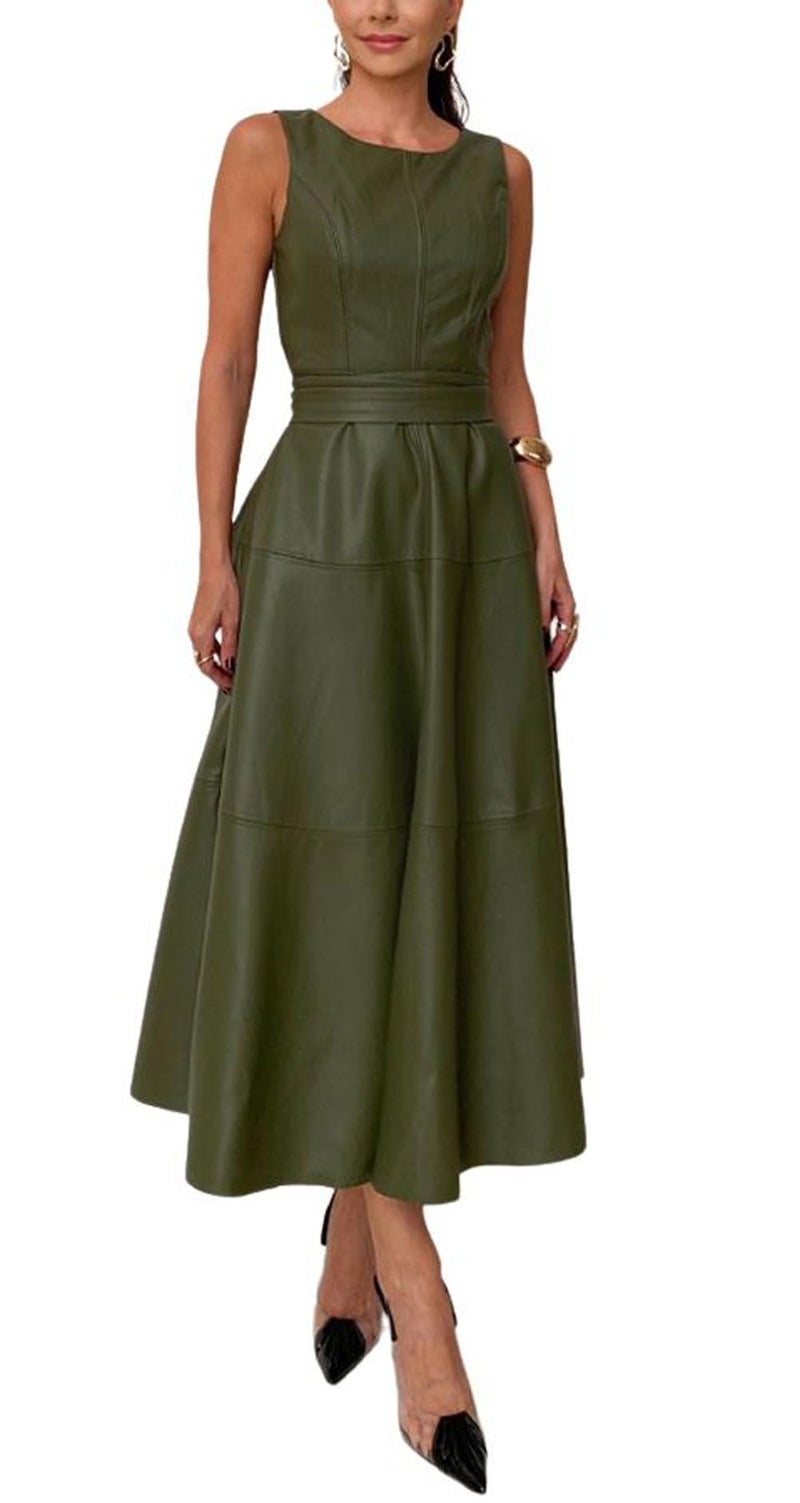 CHARTOU Women PU Faux Leather Sleeveless Elegant Flowy Long Dress Party Night Out Dress with Belt (X-Small, Green) - Image 1