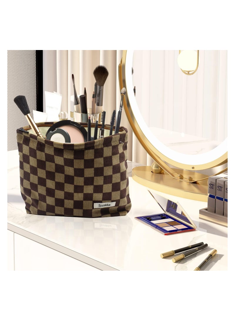 SOLARAE Women Checkered Corduroy Makeup Bag, Large Capacity Make Up Organizer Bag Zipper Pouch, Travel Toiletry Bag for Women and Girls, Dark Brown - Image 2